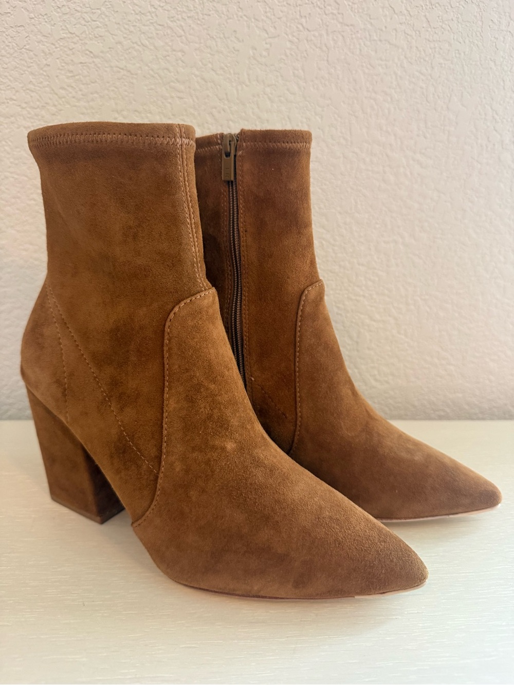 Loeffler Randall Chestnut Suede Pointed Toe Block Heel Ankle Boots - Picture 5 of 13